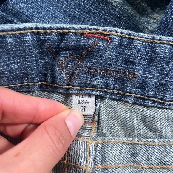 Vintage Bebe Y2k Low Rise Size 27 Flare Jeans Medium Wash Rhinestone Distressed - Picture 8 of 14